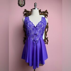 Vintage 90’s Adonna Purple Lace Bow V Shaped Skirt Lingerie Nightie Dress Medium